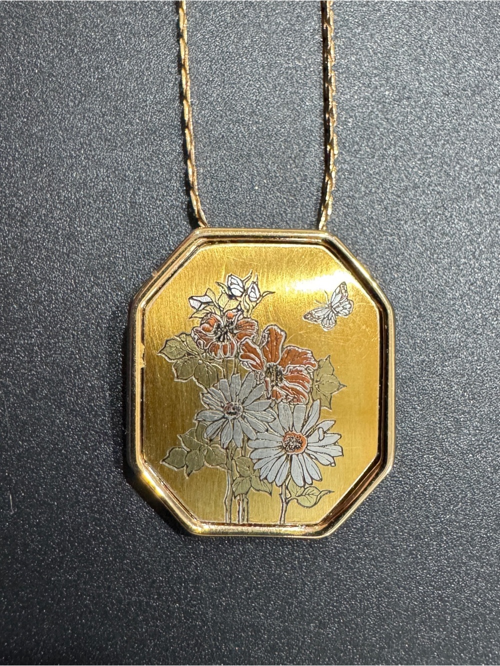 Vintage Reed & Barton Damascene Gold-Plated Floral Butterfly Pendant Necklace